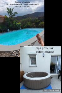 a collage of two pictures of a swimming pool at Maison T1 bis Corse in Lucciana