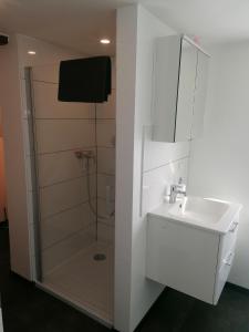 a white bathroom with a sink and a shower at Ferienwohnung III Sarrebriese in Bottmersdorf