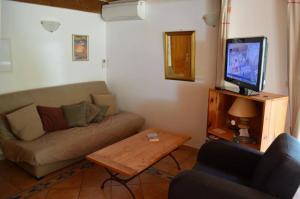 a living room with a couch and a tv at Au bon vivre in Vivès