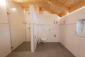 a bathroom with a toilet and a wooden ceiling at Servus Apartments Neuhaus am Inn in Neuhaus am Inn