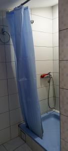 La salle de bains est pourvue d'une douche avec un rideau bleu. dans l'établissement Athos Apartments, à Niš