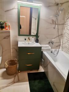 ein Badezimmer mit einem Waschbecken, einem Spiegel und einer Badewanne in der Unterkunft Unirii Apartament 2 in Bukarest
