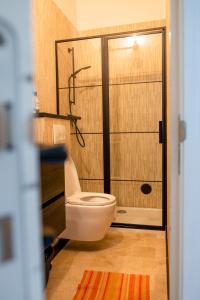 a bathroom with a toilet and a shower at BB The Warehouse Zandvoort in Zandvoort