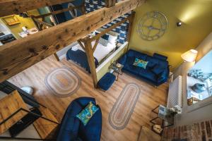 an overhead view of a living room with blue furniture at The Woodshop in Darlington