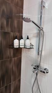 a bathroom with three soap bottles on a shelf at Sunny Apartment Dilijan in Dilijan