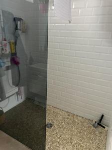 ein Bad mit einer Dusche, einem Waschbecken und einem WC in der Unterkunft Maison avec piscine chauffée in Peigny