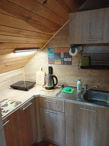 uma pequena cozinha com um lavatório e um fogão em Podkamiencem em Odrzykoń