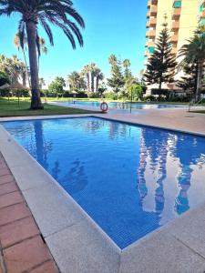 una piscina con una palmera y un edificio en Tropical Paradise, en Almuñécar