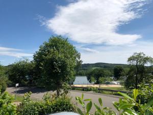 a view of a road and a body of water at Andinas FeWo - Seeblick und Terrasse in Olpe