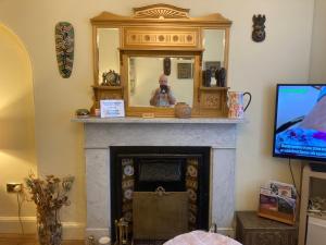 ein Wohnzimmer mit einem Kamin, einem Spiegel und einem TV in der Unterkunft Mountroyal Victorian Self Catering Apartment 2 in Belfast