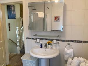 a bathroom with a sink and a mirror at Mountroyal Victorian Self Catering Apartment 2 in Belfast +59 photos
