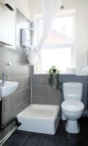 a bathroom with a toilet and a sink and a window at LFC Stadium Apartment 2 in Liverpool