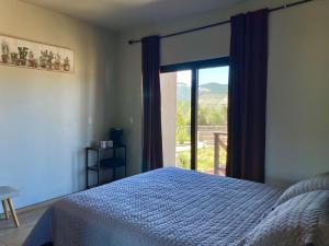 um quarto com uma cama e uma porta de vidro deslizante em Coquenas del Valle em Valle de Guadalupe