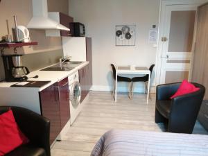 a small kitchen with a sink and a table with chairs at Joli studio dans un ancien hôtel du XIX siècle - Proche toutes commodités - Thermes et Parc in Vittel