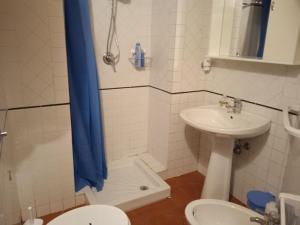 bagno con doccia, lavandino e servizi igienici di La casa di Daisy a Pitigliano