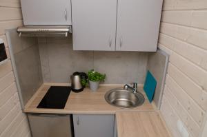 a small kitchen with a sink and a counter at Domki Filandia in Łazy