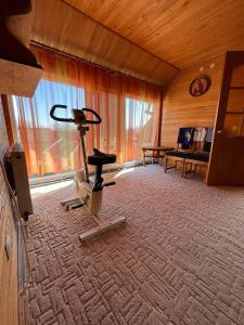 a room with a gym with a treadmill in it at Cottage 'Carolina' with hot tub, sauna and BBQ area in Kosiv