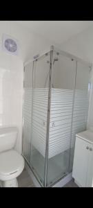 a glass shower in a bathroom with a toilet at Cabaña campestre con alberca in El Saucito