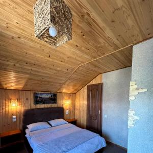 een slaapkamer met een bed en een houten plafond bij Апартаменти "У Кузьмича" 2 in Mykulychyn