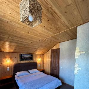 マイコリチンにあるАпартаменти "У Кузьмича" 2の木製の天井が特徴のベッドルーム1室(ベッド1台付)