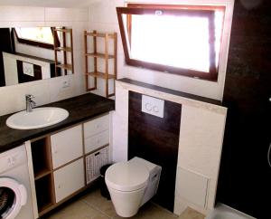 a bathroom with a toilet and a sink and a window at Cozy Villa close to CERN, Geneva Airport, UN in Gex