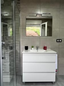 uma casa de banho com um lavatório branco e um chuveiro em O Cobijo de Elva em Arou