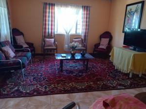 sala de estar con sillas, mesa y TV en Twin Court Retreat en Port Antonio