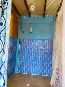 Zimmer mit blauer Wand und Dusche in der Unterkunft El eden in Manizales