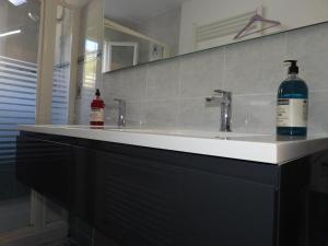 un lavandino in bagno con una bottiglia di alcol di Casa Del Castell a Carcassonne Altre 37 foto