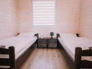 two beds in a room with a window at Cottage in Bobolin near Sandy Beach in Bobolin +20 photos