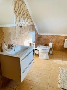 La salle de bains est pourvue d'un lavabo et de toilettes. dans l'établissement Betti, à Balatonkeresztúr