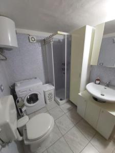 La salle de bains est pourvue de toilettes, d'un lavabo et d'une douche. dans l'établissement Casa Antonella, à Dolianova