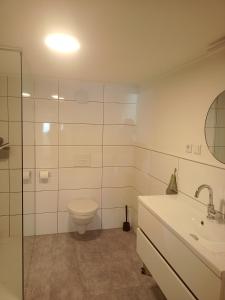 a white bathroom with a toilet and a sink at Stübchen in Nonnweiler