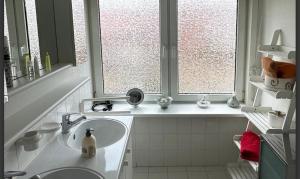 a white bathroom with a sink and two windows at Linas Wohlfühloase Hameln in Hessisch Oldendorf