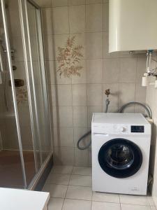 eine Waschmaschine im Bad mit Dusche in der Unterkunft Apartment Feistriz in Rosental 9181 in Feistritz im Rosental