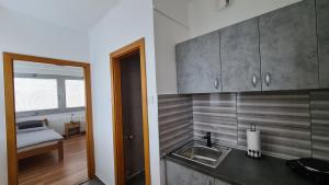 a kitchen with a sink and a counter top at HÉDER APARTMANOK in Balatonfenyves