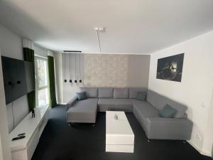a living room with a couch and a coffee table at The Coffee Jacket Apartment in Chemnitz