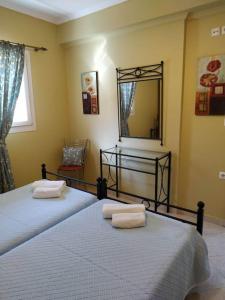two twin beds in a bedroom with a mirror at Jasmine in Sami