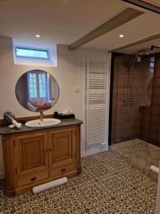 a bathroom with a sink and a shower with a mirror at Au Moulin Saint Nicol - Honfleur in Honfleur