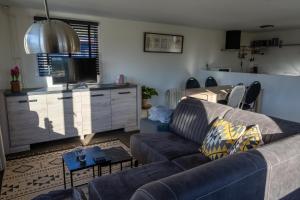een woonkamer met een bank en een keuken bij Luxe Chalet Strubben-Kniphorstbos Anloo in Anloo