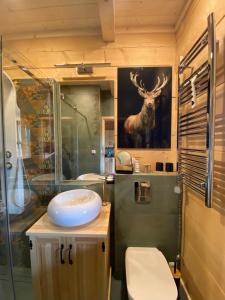 a bathroom with a deer painting on the wall at Domek góralski Cudna izba in Witów