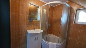 a bathroom with a shower and a sink and a mirror at Pensiunea Paula in Moieciu de Sus