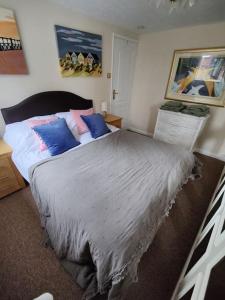 a bedroom with a large bed with blue and pink pillows at Stunning 1 bedroom apartment over looking river in Rye