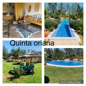 a collage of four pictures of a swimming pool at Quinta oriana in Paderne