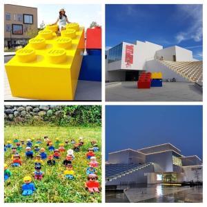 a group of four pictures of people in a field at 300 meter walk to LEGO House - door 3 in Billund