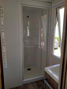 a shower with a glass door next to a sink at Mobil-home Les Locs Danous in Valras-Plage