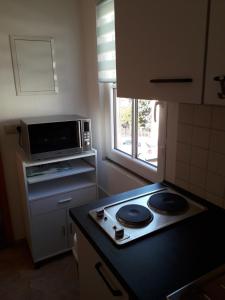 a kitchen with a stove and a microwave at Ferinwohnung an der Promnitz Radeburg in Radeburg