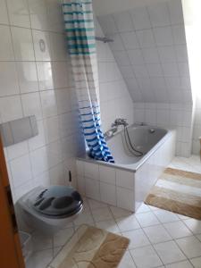 a bathroom with a toilet and a bath tub at Ferinwohnung an der Promnitz Radeburg in Radeburg