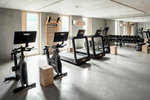 a gym with several treadmills and exercise bikes at Coreum Hotel in Stockstadt am Rhein