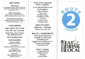 two white pages of a menu for a restaurant at Route 2 Apartments in Topsham